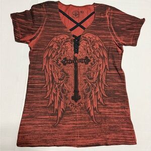 Affliction Women's Red and Black Lace-Up V-Neck Graphic Tee
